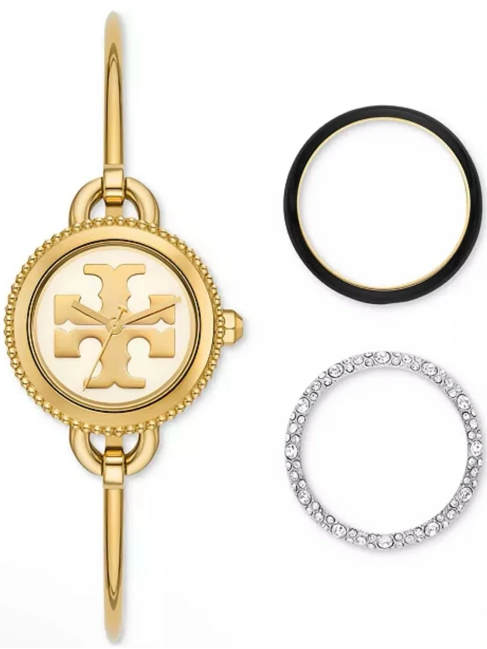 Tory Burch Gold-Tone Logo Dial Bangle Watch with White Face